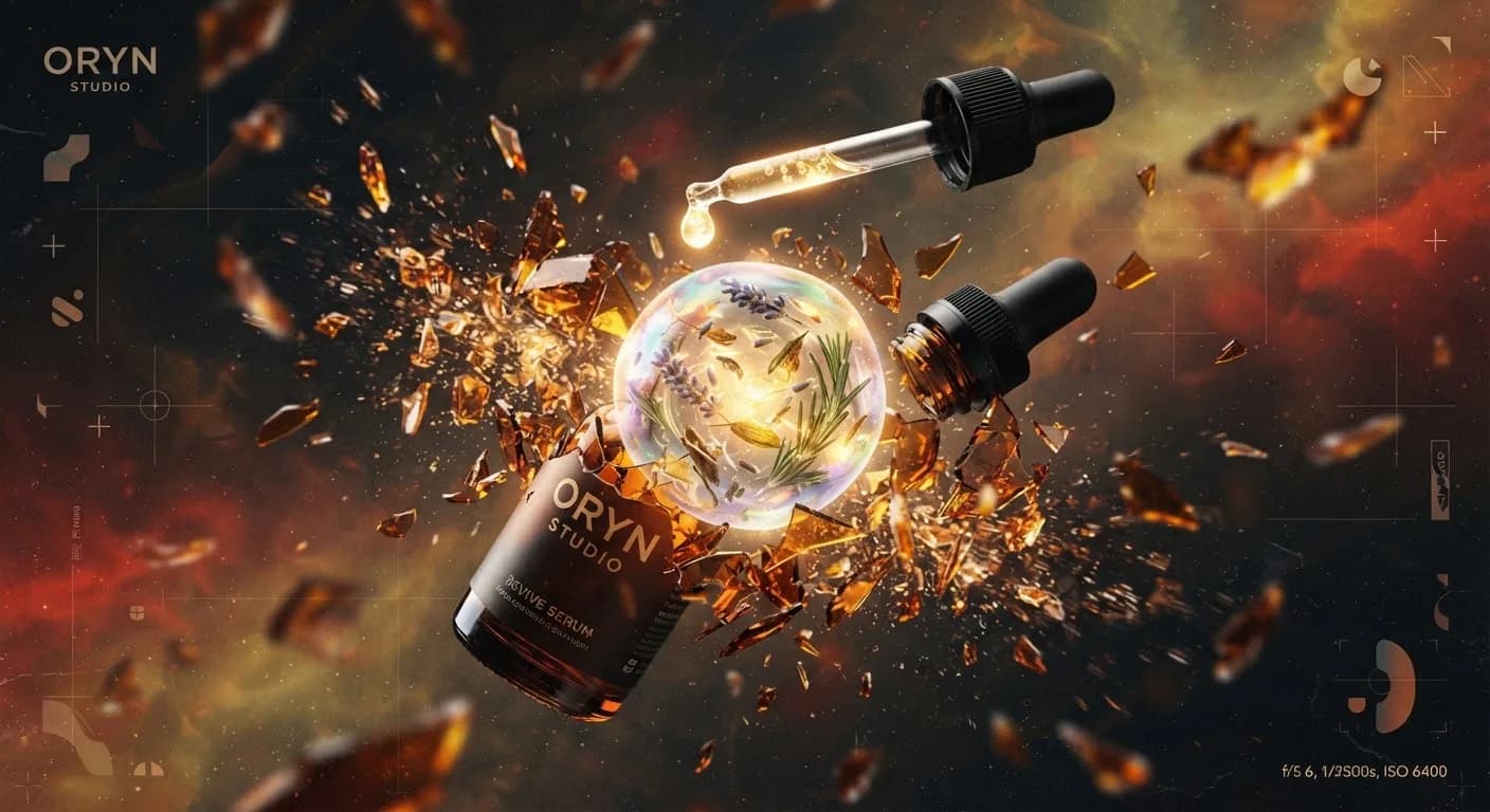 Amber dropper bottles among flying amber fragments, a dramatic serum concept