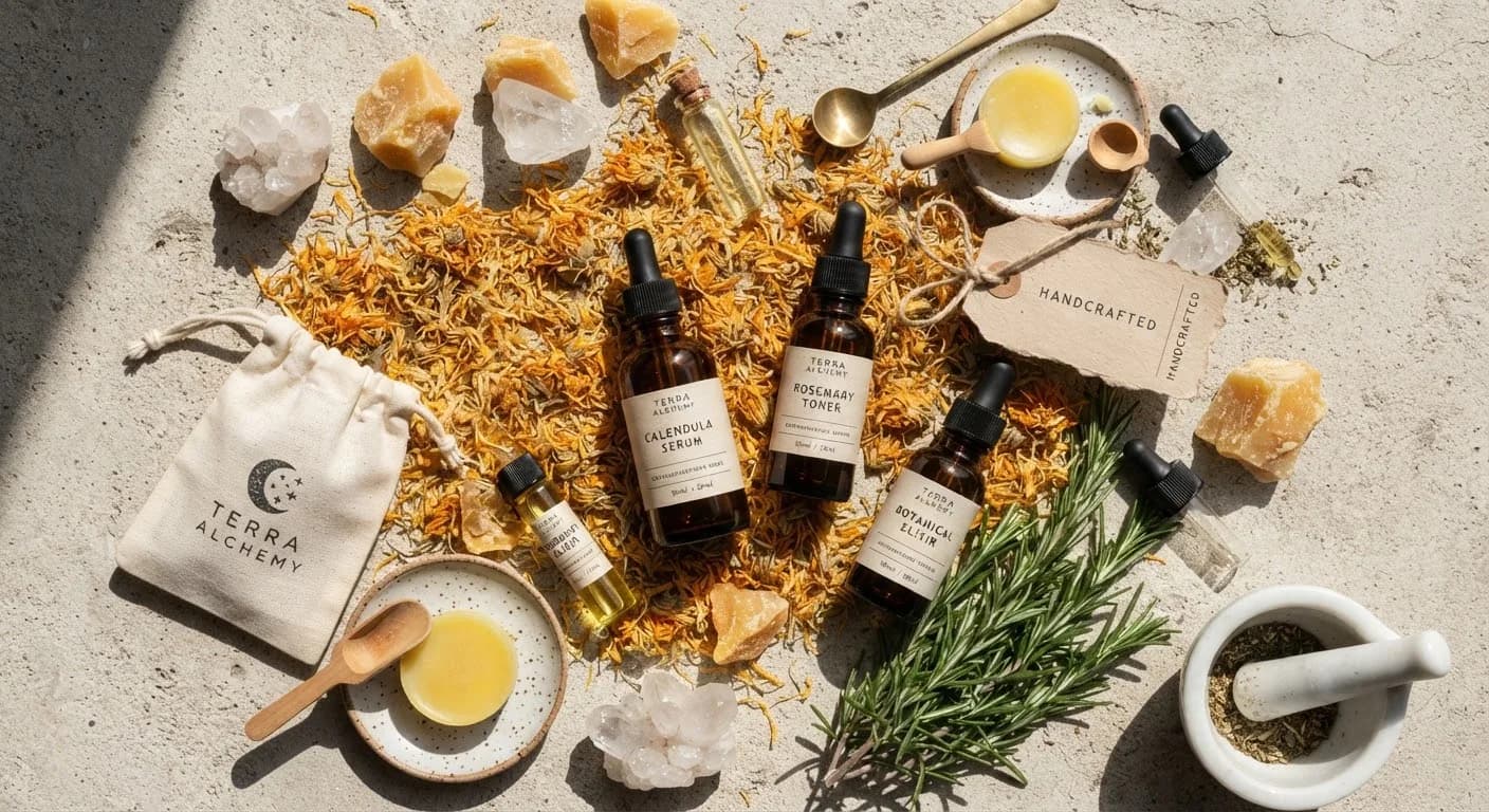 Flat lay of amber bottles, jars, dried flowers and herbs on stone