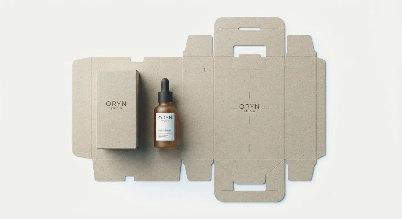 Flat carton dieline laid out beside its folded box and an amber dropper bottle