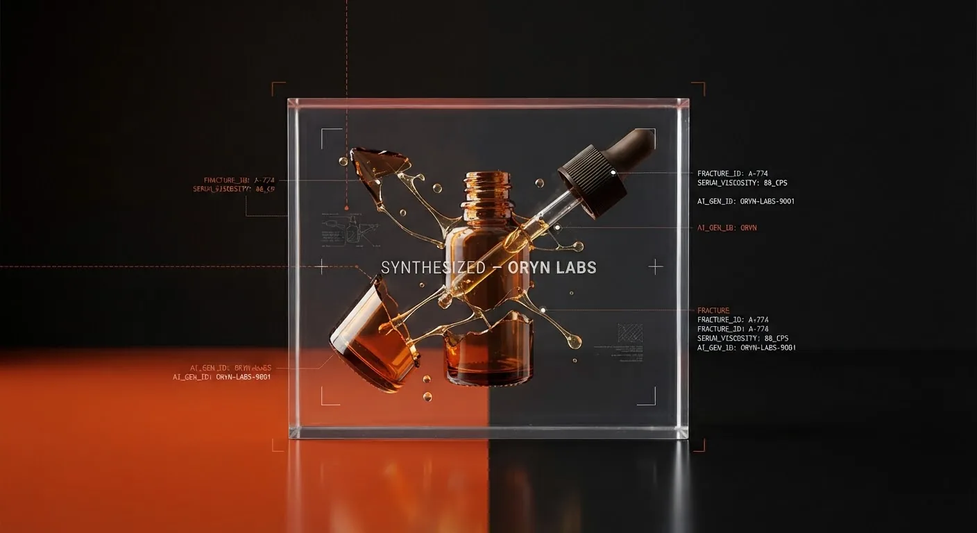 Amber dropper serum inside a glass display cube with measurement annotations