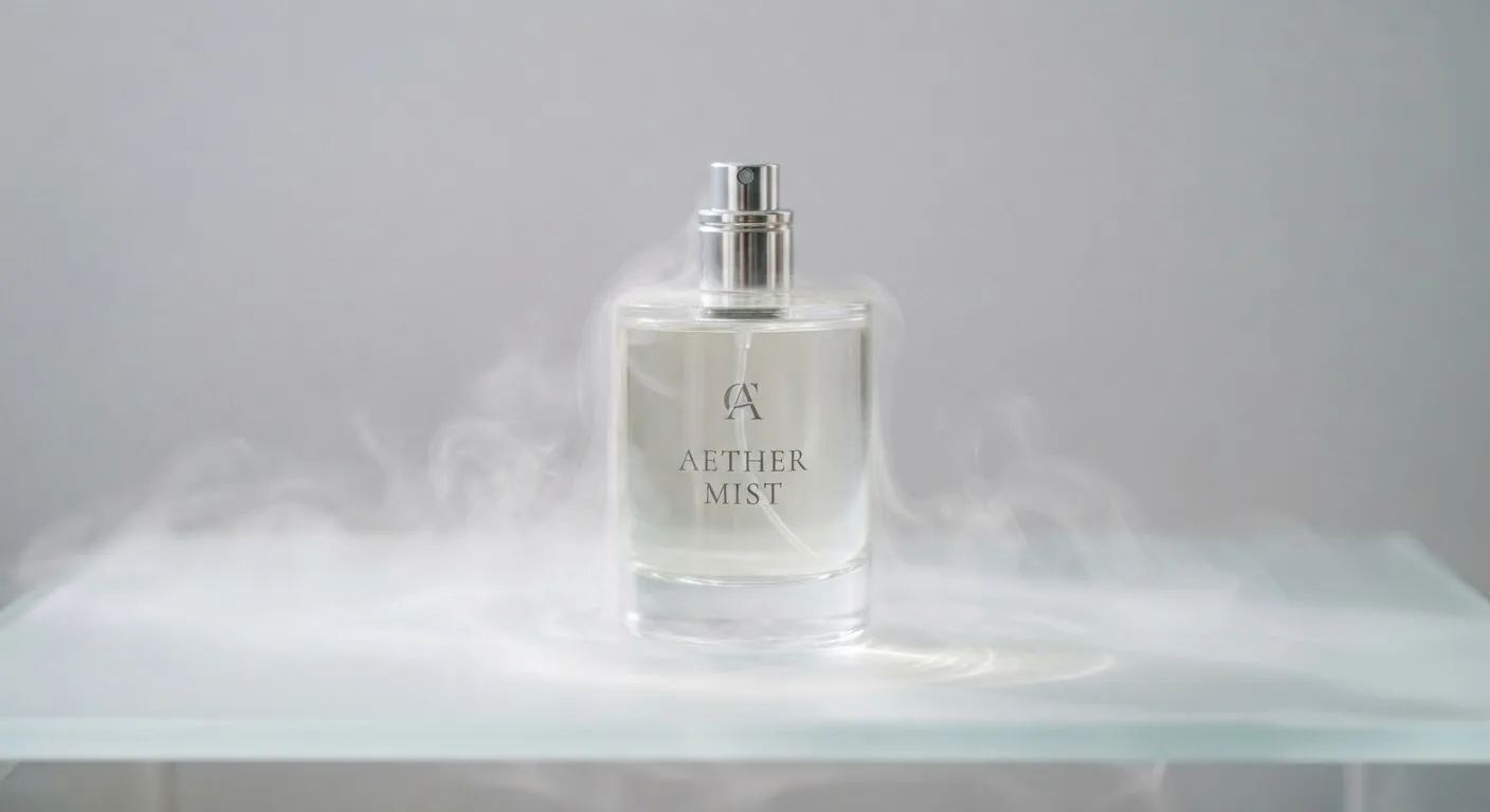 Clear glass bottle in low mist on a frosted glass shelf