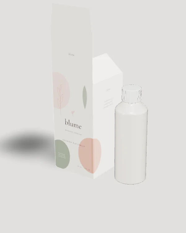 White bottle with a screw cap beside its printed carton, rendered in the Packgami studio