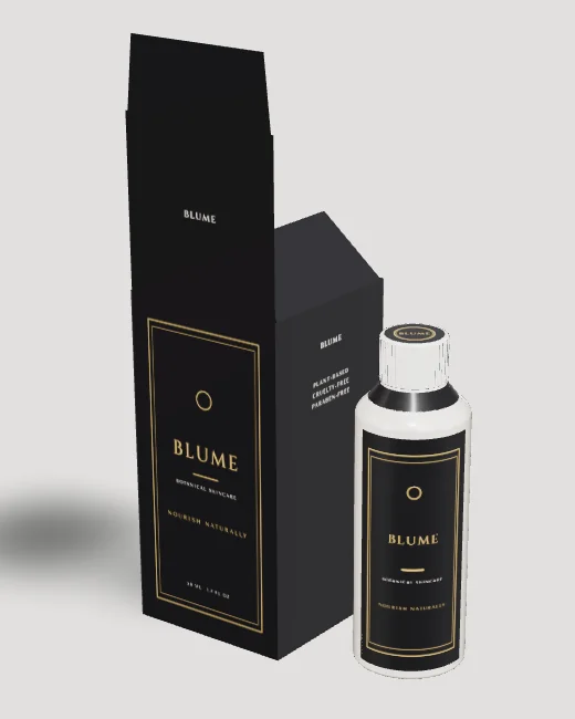 Black tuck-end carton with gold foil beside a matching 100 ml bottle, rendered in the Packgami studio
