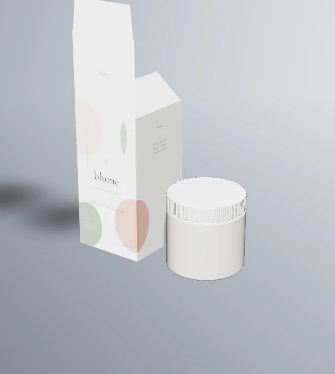 Printed carton and white cream jar on a soft grey studio sweep, rendered in the Packgami studio