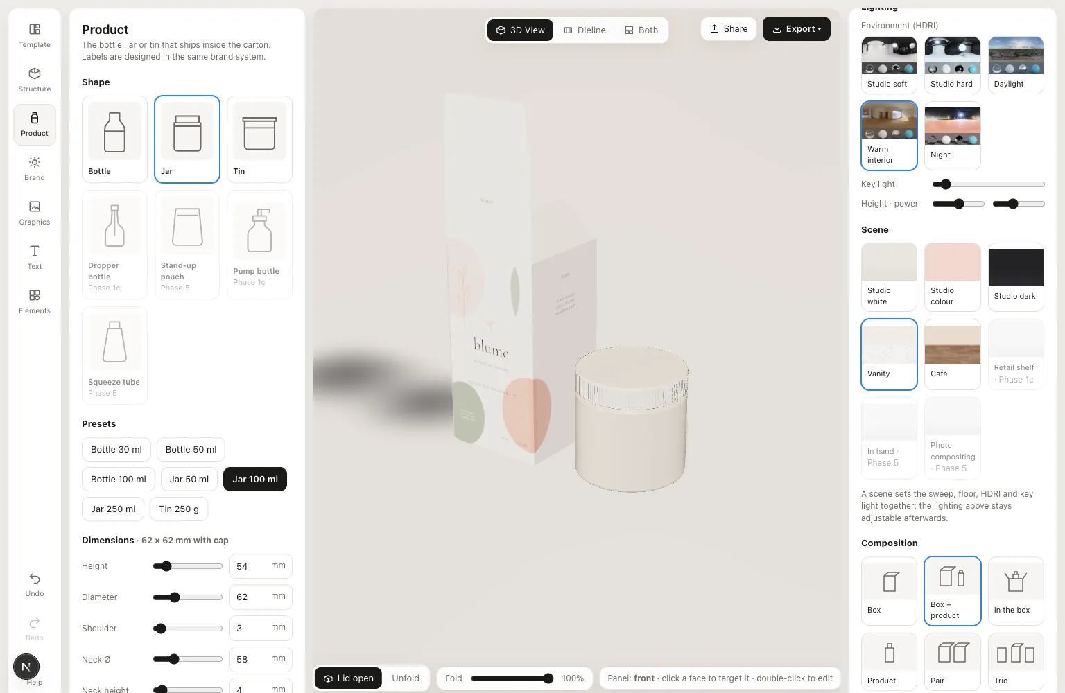 The Packgami studio: product presets, a carton and jar in the 3D view, and scene and lighting controls