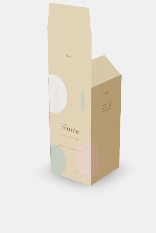 Kraft-board tuck-end carton with a printed front panel, rendered in the Packgami studio